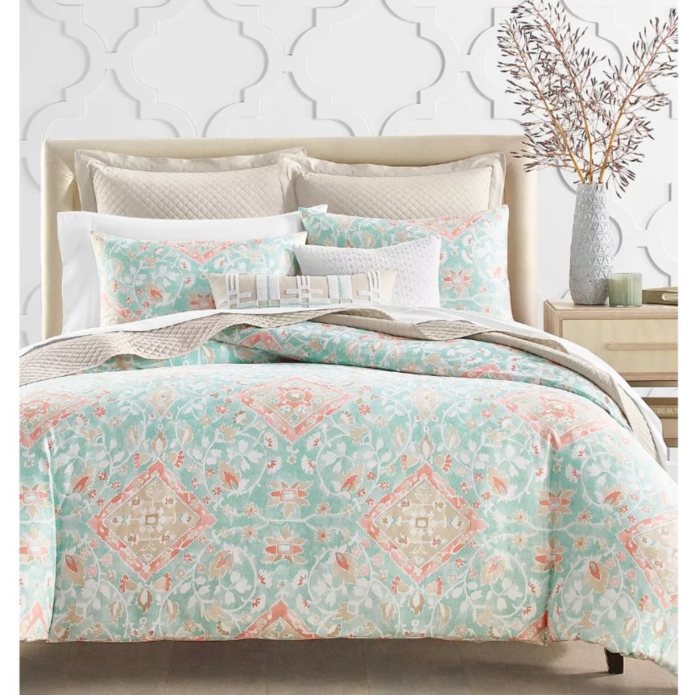Charter Club Terra Mesa FULL / QUEEN Duvet Cover & Shams Set Aqua / Coral